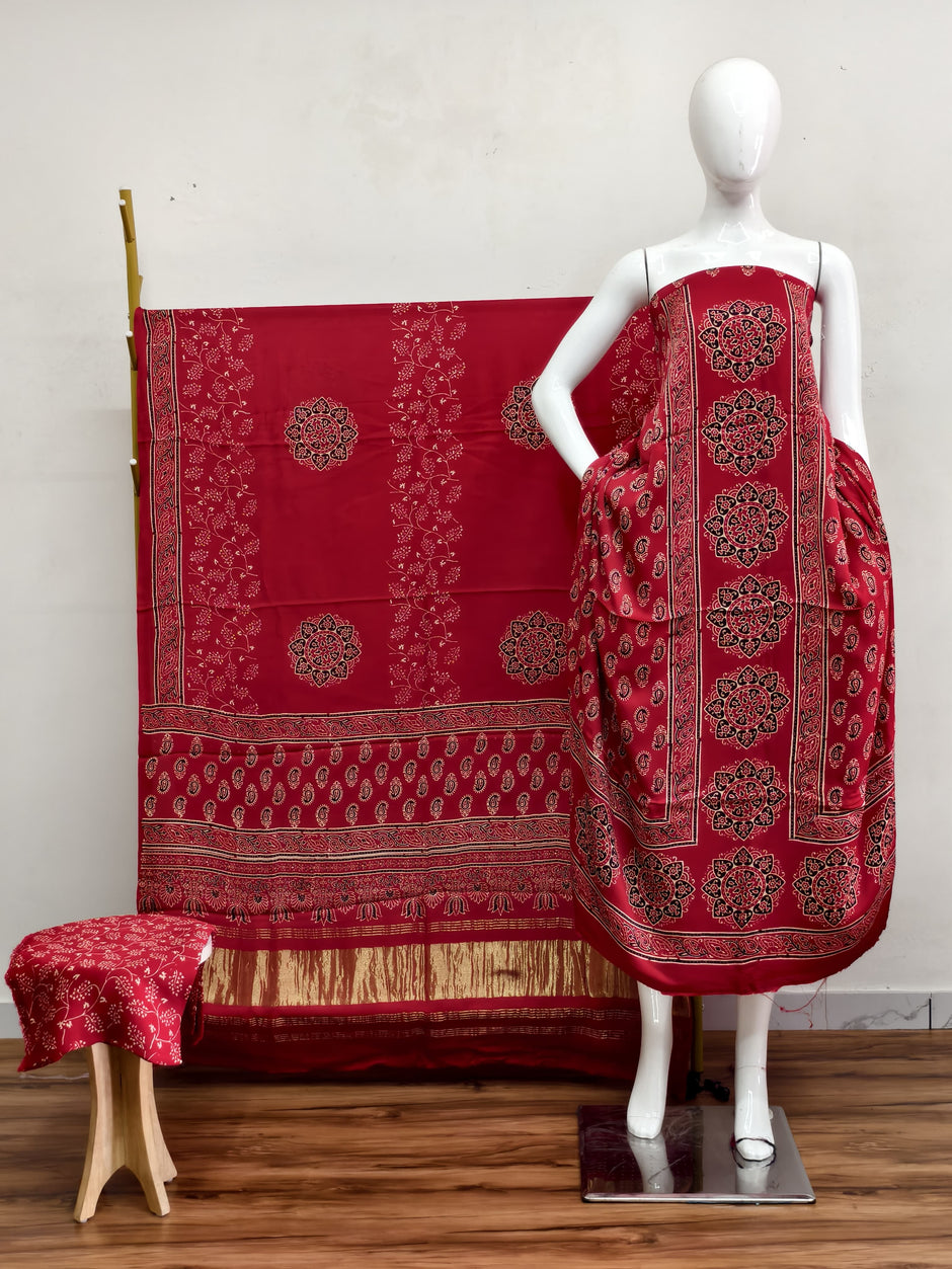 Havi Modal Silk Ajrakh Neptol Dye & Discharge Print Panel Design 3-Piece Suit - The Ajrakh Studio