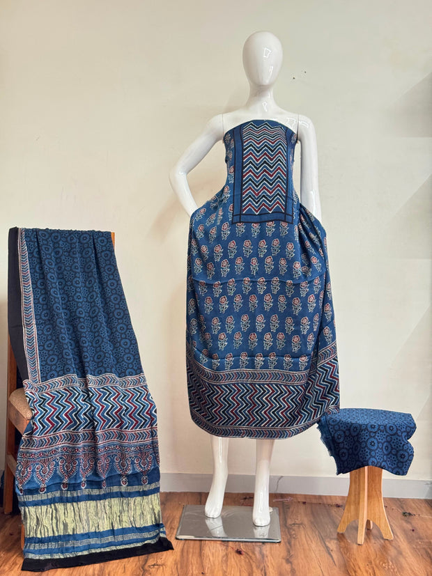 Ajrakh Hand Block Print Natural Dye Pure Modal Silk 3 Piece Suit with Zari Pallu Dupatta