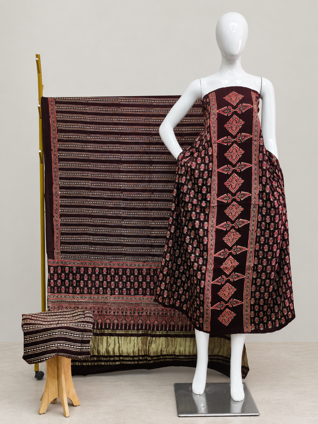 Havi Modal Silk Ajrakh Neptol Dye & Discharge Print Panel Design 3-Piece Suit - The Ajrakh Studio