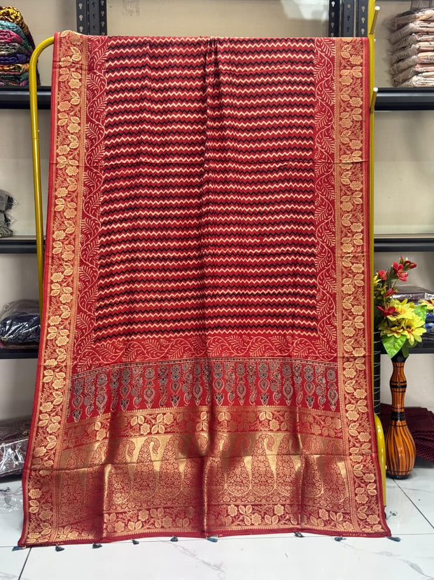 Dola Silk Ajrakh Hand Block Print Natural Dye Zari Pallu Dupatta 12 - The Ajrakh Studio