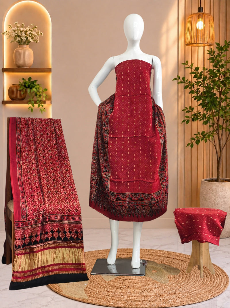Ajrakh Hand Block Print Natural Dye Pure Modal Silk 3 Piece Suit with Zari Pallu Dupatta
