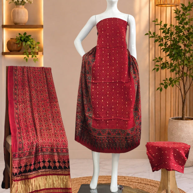 Ajrakh Hand Block Print Natural Dye Pure Modal Silk 3 Piece Suit with Zari Pallu Dupatta