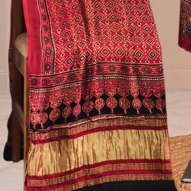 Ajrakh Hand Block Print Natural Dye Pure Modal Silk 3 Piece Suit with Zari Pallu Dupatta