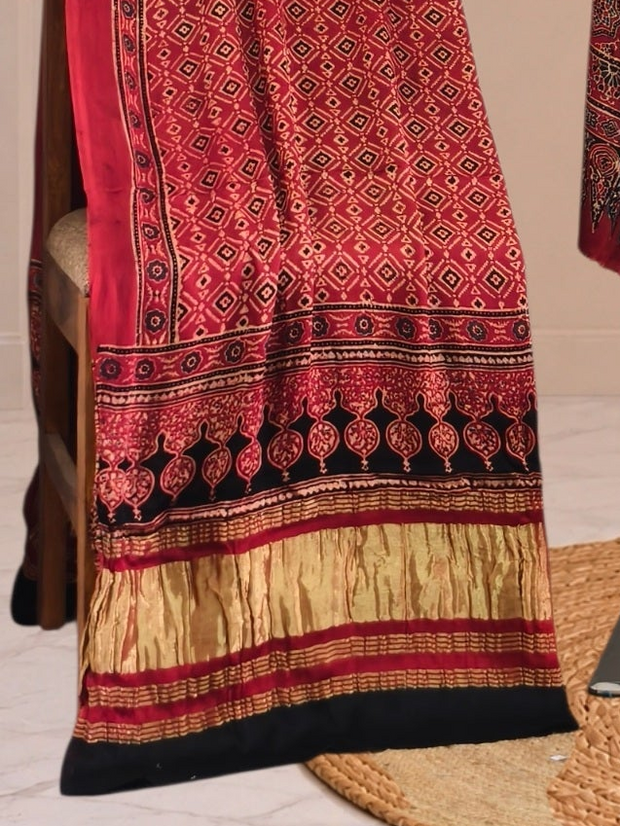 Ajrakh Hand Block Print Natural Dye Pure Modal Silk 3 Piece Suit with Zari Pallu Dupatta