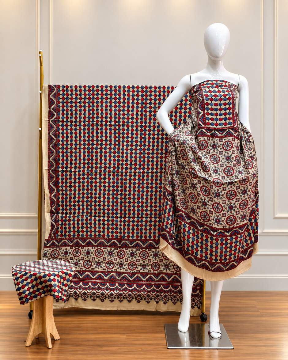 Havi Pure Modal Silk Ajrakh Hand Block Print Natural Dye 3-Piece Suit - The Ajrakh Studio