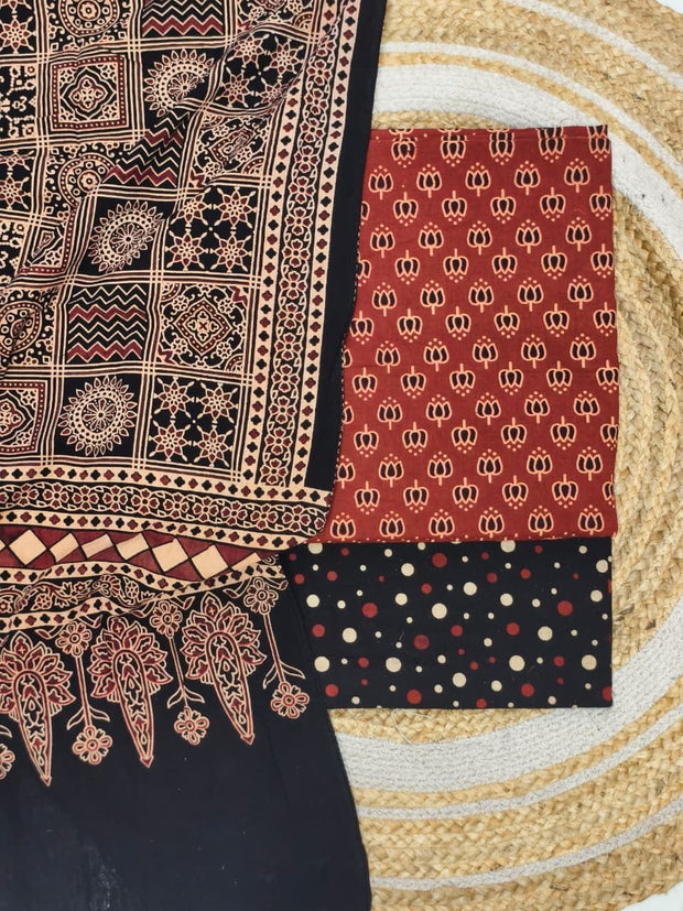 Pure Cotton Ajrakh Screen Print Natural Dye 3-Piece Suit 03 - The Ajrakh Studio