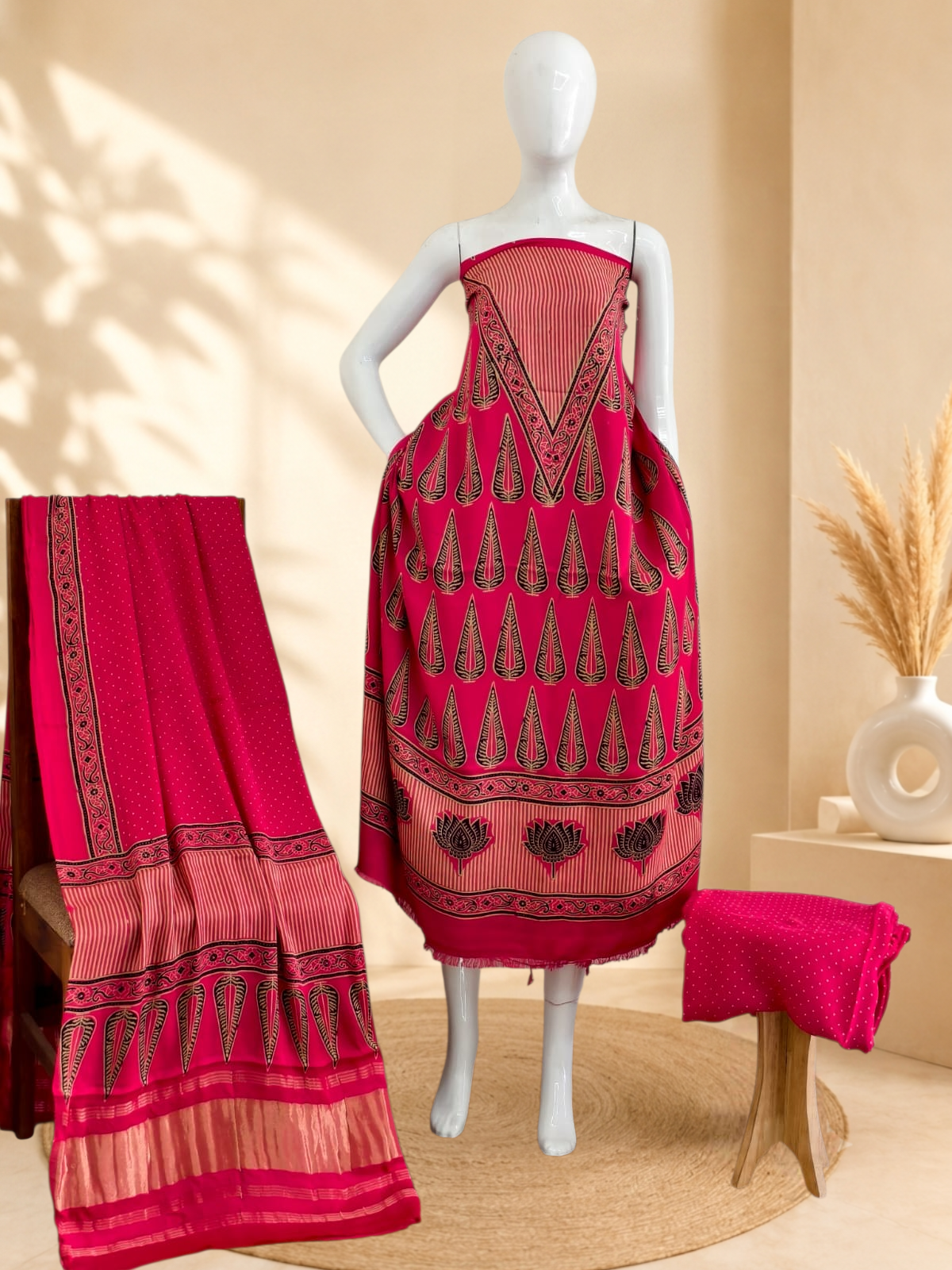 Premium Ajrakh Hand Block Print Modal Silk 3-Piece Suit Set with Zari Pallu Dupatta