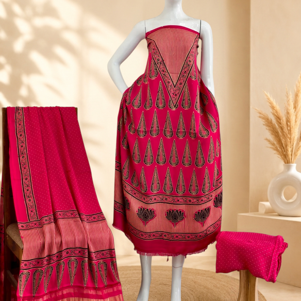 Premium Ajrakh Hand Block Print Modal Silk 3-Piece Suit Set with Zari Pallu Dupatta