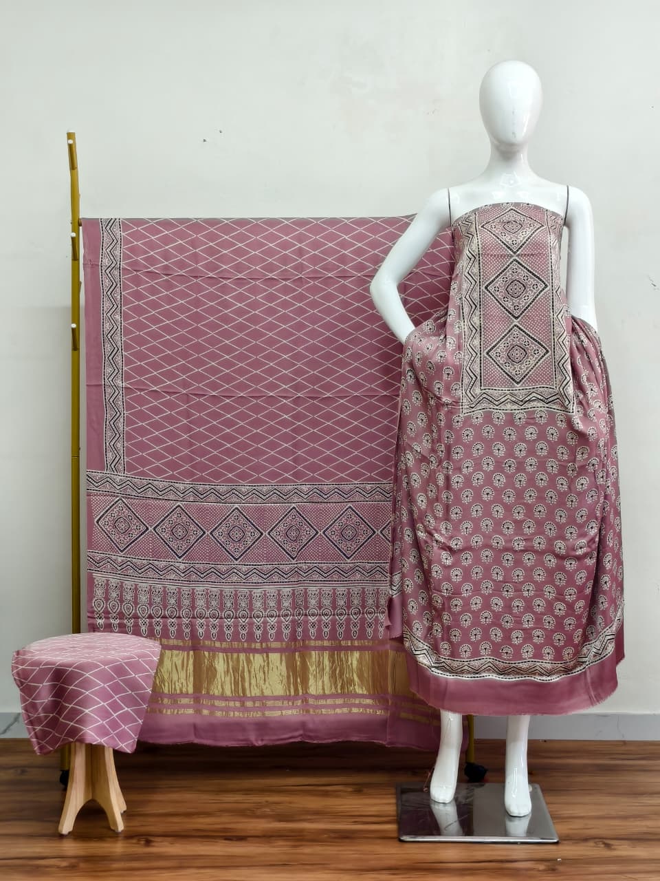Havi Modal Silk Ajrakh Neptol Dye & Discharge Print Panel Design 3-Piece Suit - The Ajrakh Studio