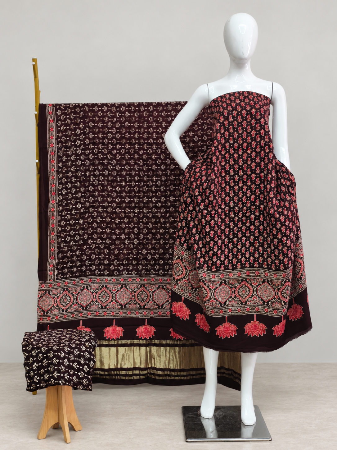 Havi Modal Silk Ajrakh Neptol Dye & Discharge Print Panel Design 3-Piece Suit - The Ajrakh Studio