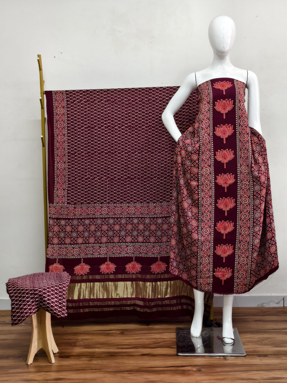 Havi Modal Silk Ajrakh Neptol Dye & Discharge Print Panel Design 3-Piece Suit - The Ajrakh Studio