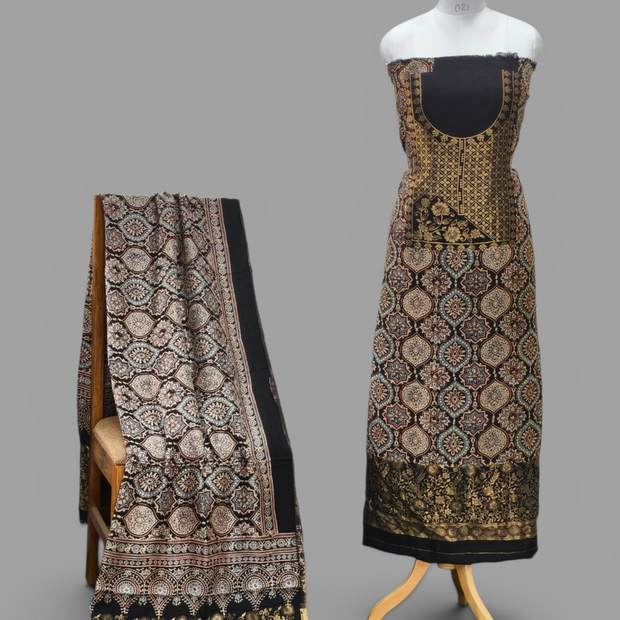 Premium Dola Silk Ajrakh Hand Block Print Natural Dye 2-Piece Suit with Zari Border Dupatta