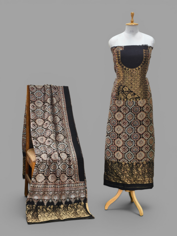 Premium Dola Silk Ajrakh Hand Block Print Natural Dye 2-Piece Suit with Zari Border Dupatta