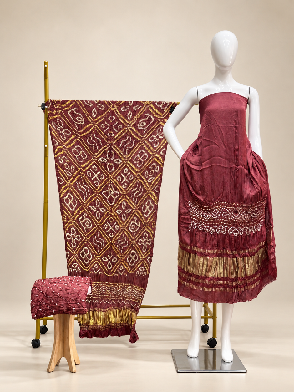 Premium Bandhej Modal Silk 3-Piece Suit with Bar Bhat Dupatta & Zari Pallu - The Ajrakh Studio