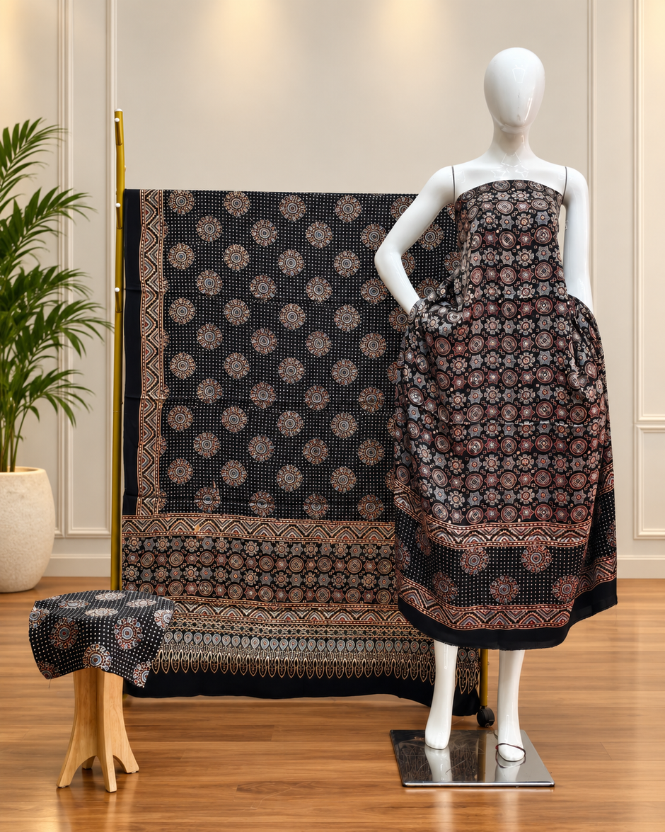 Havi Pure Modal Silk Ajrakh Hand Block Print Natural Dye 3-Piece Suit - The Ajrakh Studio