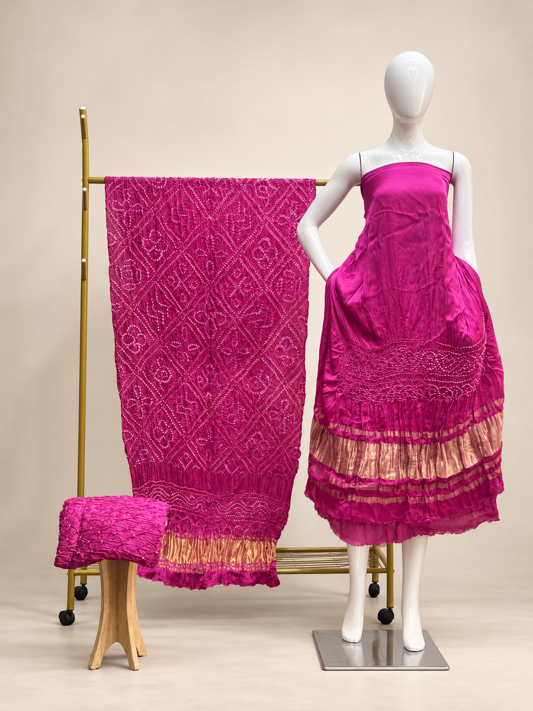 Premium Bandhej Modal Silk 3-Piece Suit with Bar Bhat Dupatta & Zari Pallu - The Ajrakh Studio
