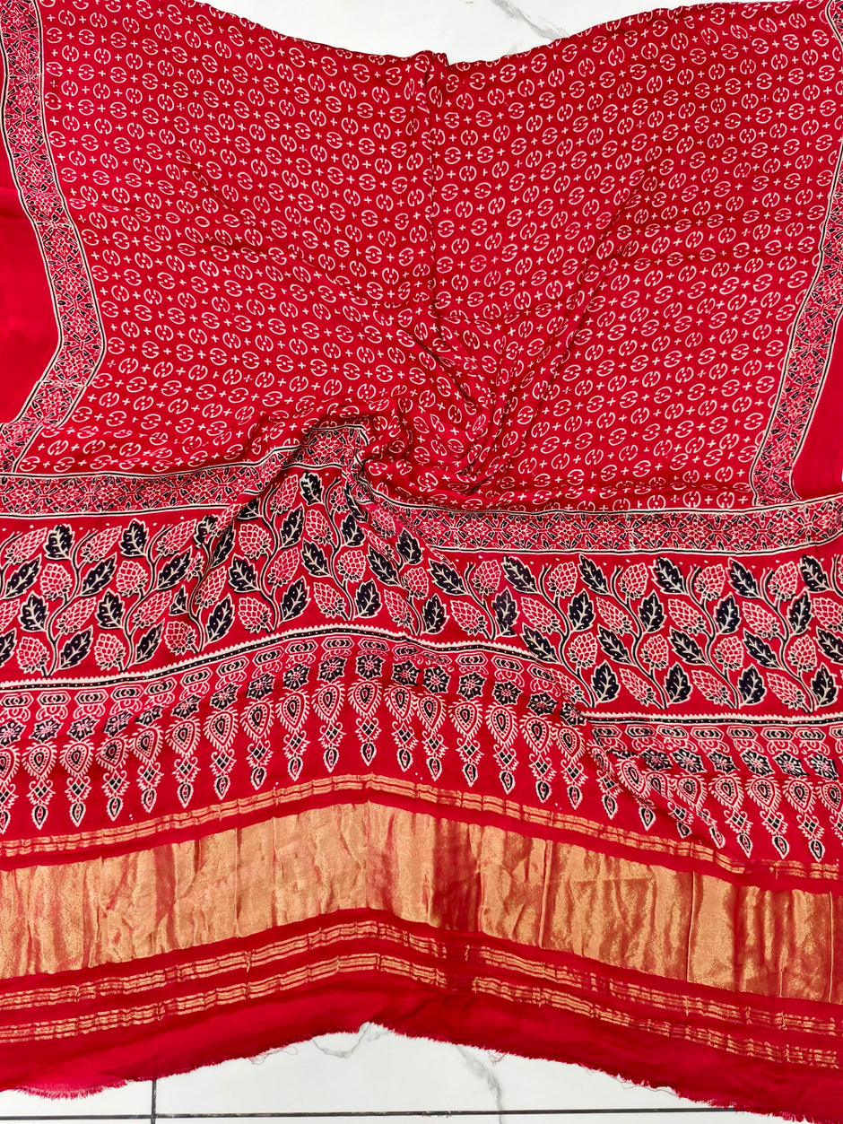Premium Ajrakh Hand Block Print Modal Silk 3-Piece Suit Set with Zari Pallu Dupatta