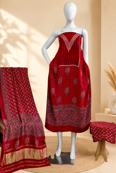 Premium Ajrakh Hand Block Print Modal Silk 3-Piece Suit Set with Zari Pallu Dupatta