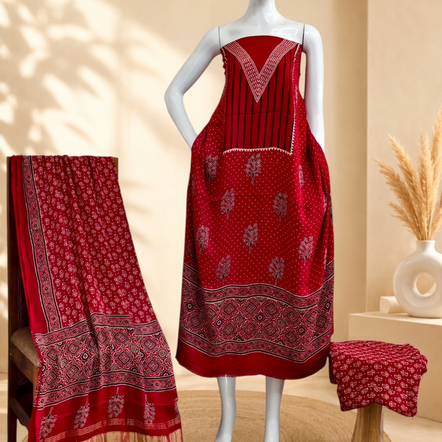 Premium Ajrakh Hand Block Print Modal Silk 3-Piece Suit Set with Zari Pallu Dupatta