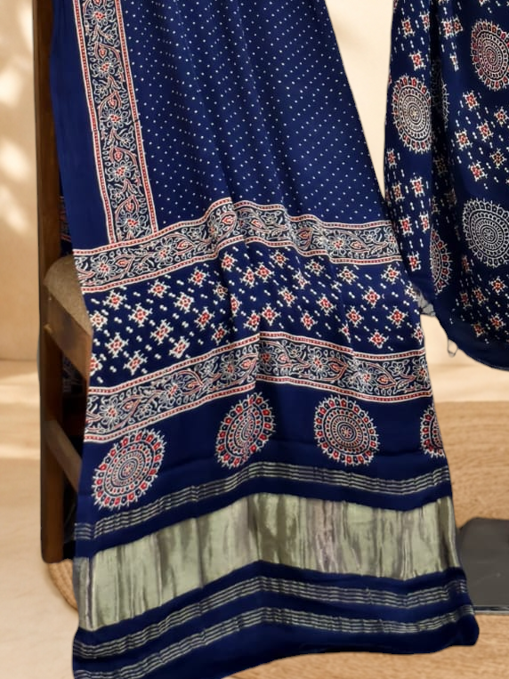 Premium Ajrakh Hand Block Print Modal Silk 3-Piece Suit Set with Zari Pallu Dupatta