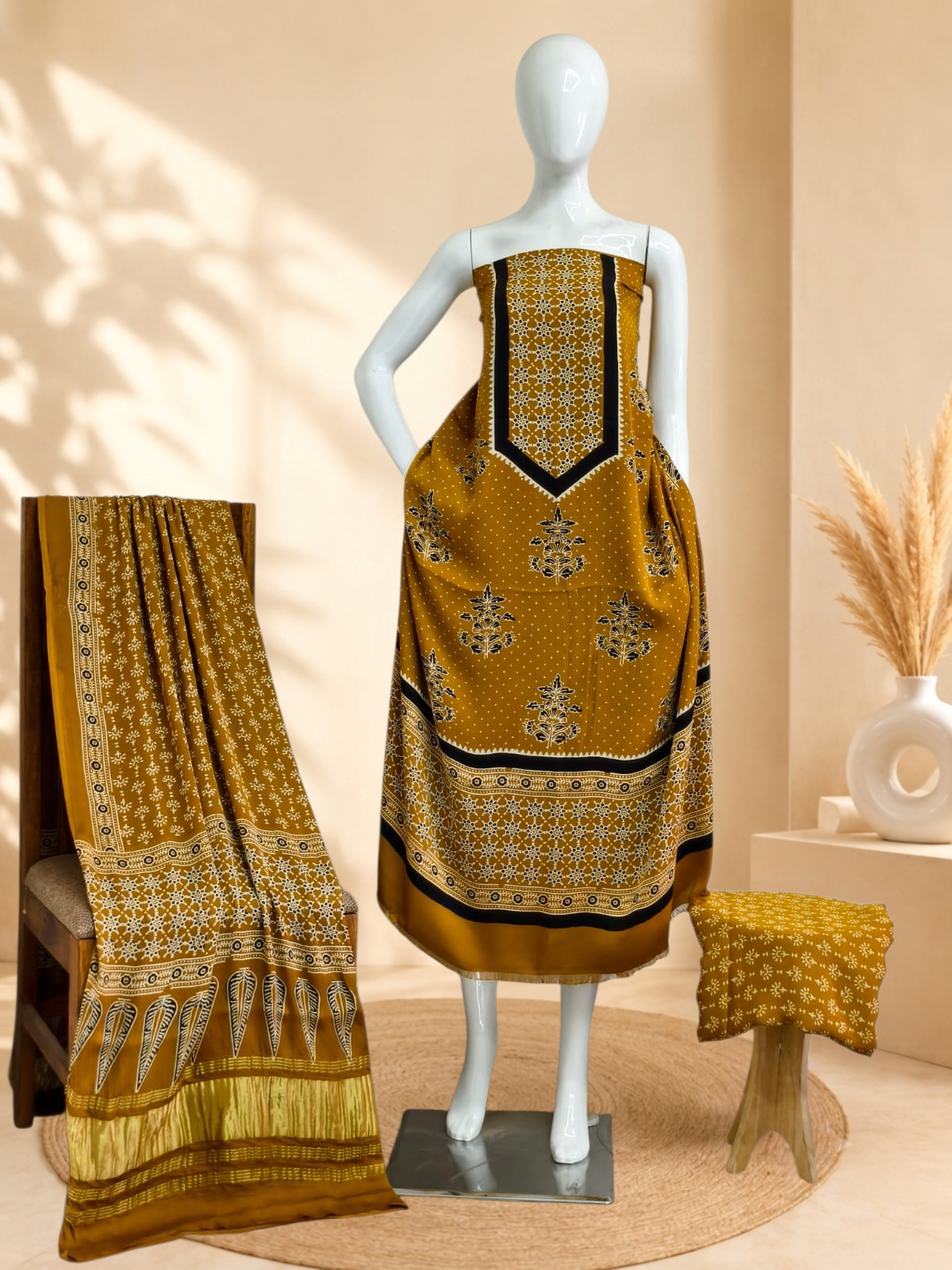 Premium Ajrakh Hand Block Print Modal Silk 3-Piece Suit Set with Zari Pallu Dupatta