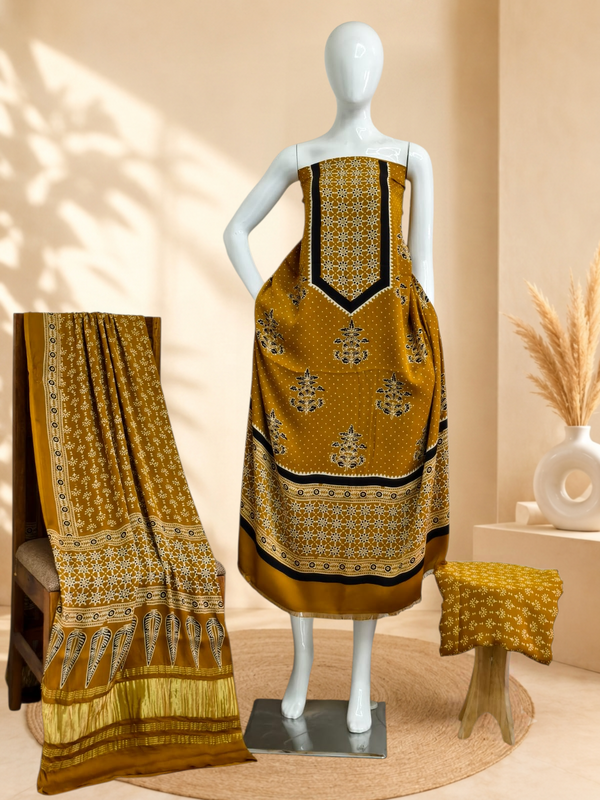 Premium Ajrakh Hand Block Print Modal Silk 3-Piece Suit Set with Zari Pallu Dupatta