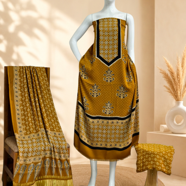 Premium Ajrakh Hand Block Print Modal Silk 3-Piece Suit Set with Zari Pallu Dupatta