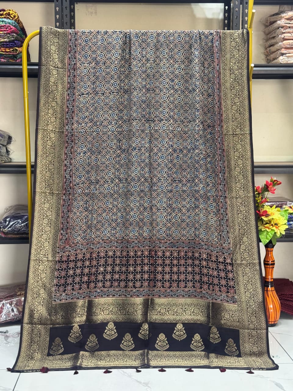 Dola Silk Ajrakh Hand Block Print Natural Dye Zari Pallu Dupatta 16 - The Ajrakh Studio