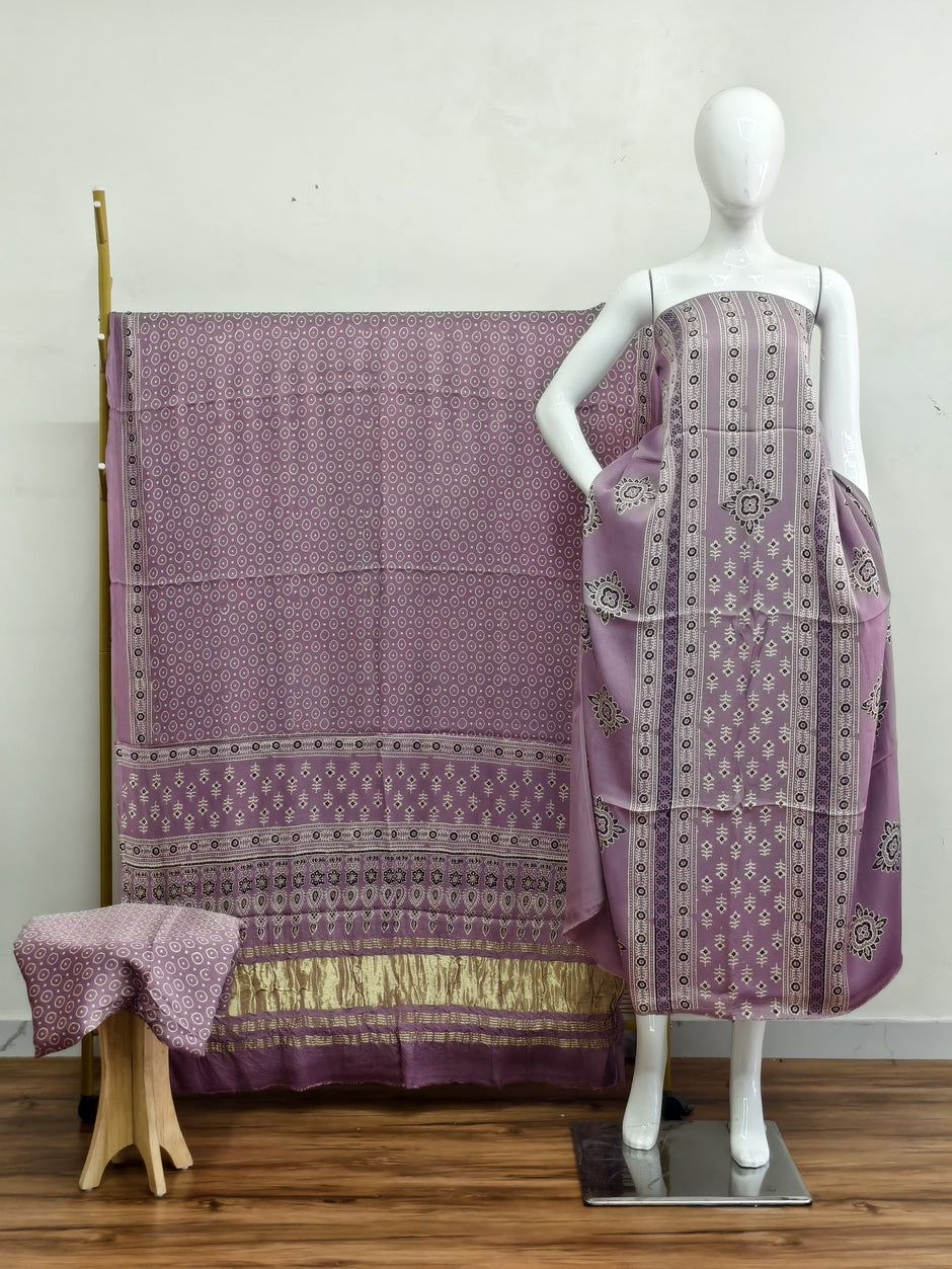 Havi Modal Silk Ajrakh Neptol Dye & Discharge Print Panel Design 3-Piece Suit - The Ajrakh Studio