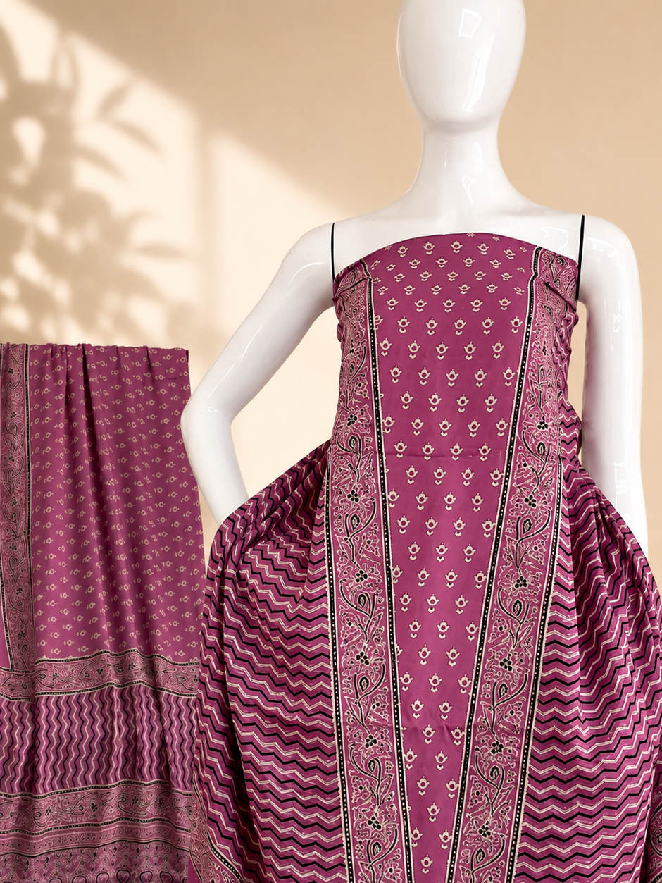 Premium Ajrakh Hand Block Print Modal Silk 3-Piece Suit Set with Zari Pallu Dupatta