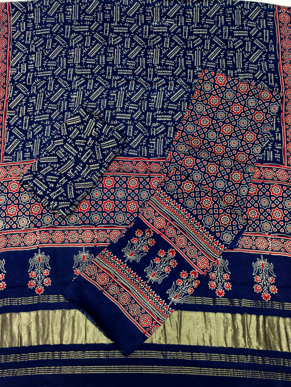 Premium Ajrakh Hand Block Print Modal Silk 3-Piece Suit Set with Zari Pallu Dupatta