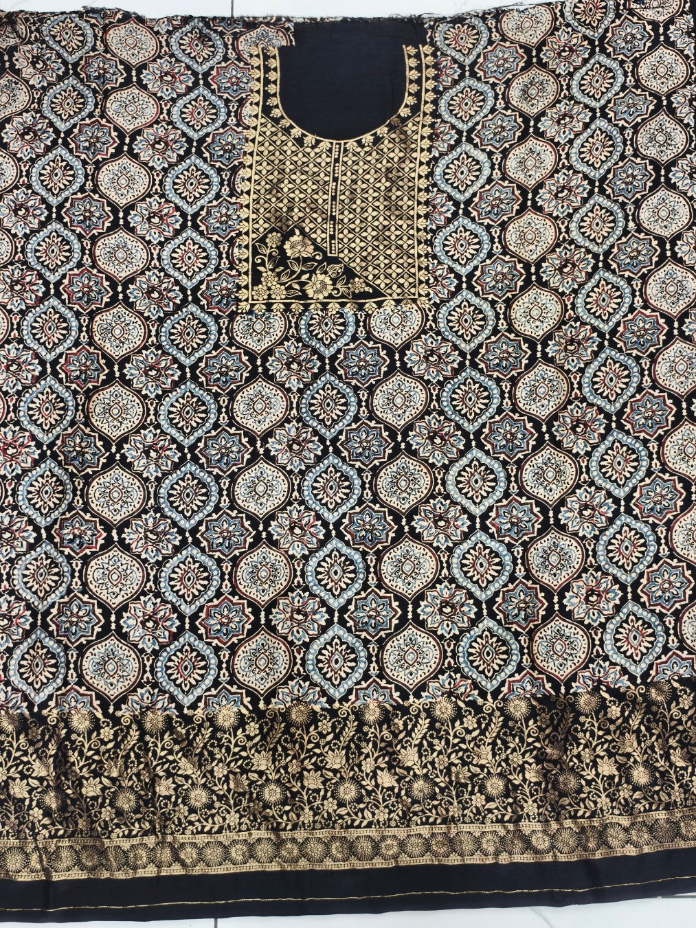 Premium Dola Silk Ajrakh Hand Block Print Natural Dye 2-Piece Suit with Zari Border Dupatta