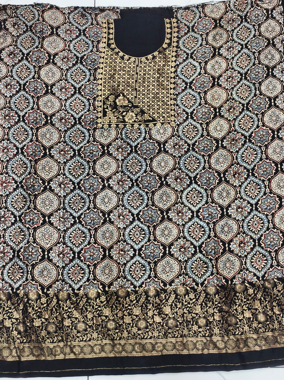 Premium Dola Silk Ajrakh Hand Block Print Natural Dye 2-Piece Suit with Zari Border Dupatta