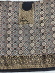 Premium Dola Silk Ajrakh Hand Block Print Natural Dye 2-Piece Suit with Zari Border Dupatta
