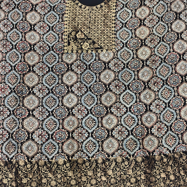 Premium Dola Silk Ajrakh Hand Block Print Natural Dye 2-Piece Suit with Zari Border Dupatta