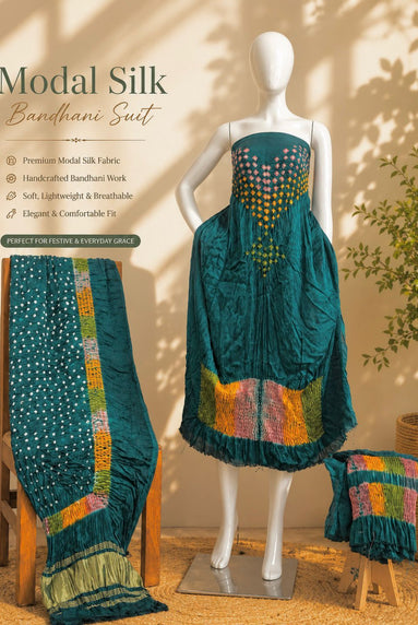 Premium Modal Silk Shibori & Bandhani 3 Piece Suit Set with Zari Pallu Dupatta | Women's Unstitched Dress Material