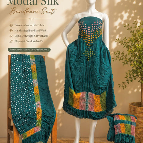 Premium Modal Silk Shibori & Bandhani 3 Piece Suit Set with Zari Pallu Dupatta | Women's Unstitched Dress Material