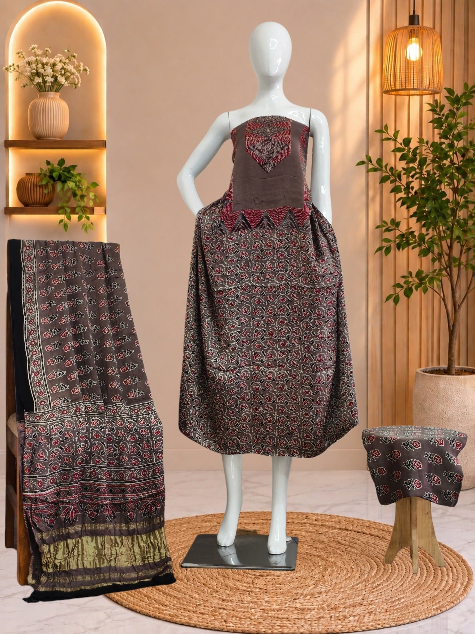 Ajrakh Hand Block Print Natural Dye Pure Modal Silk 3 Piece Suit with Zari Pallu Dupatta