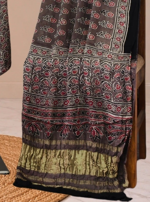 Ajrakh Hand Block Print Natural Dye Pure Modal Silk 3 Piece Suit with Zari Pallu Dupatta