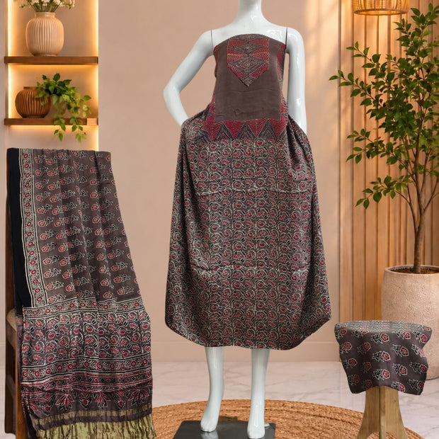 Ajrakh Hand Block Print Natural Dye Pure Modal Silk 3 Piece Suit with Zari Pallu Dupatta