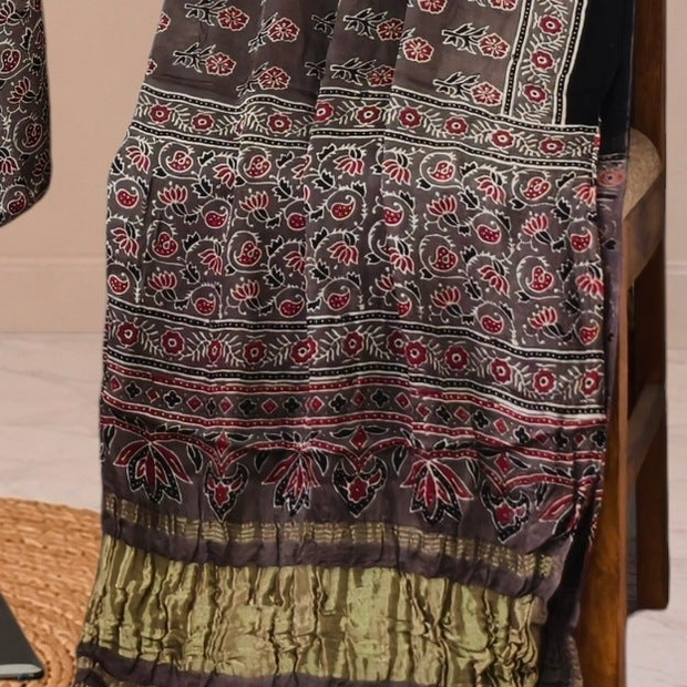 Ajrakh Hand Block Print Natural Dye Pure Modal Silk 3 Piece Suit with Zari Pallu Dupatta