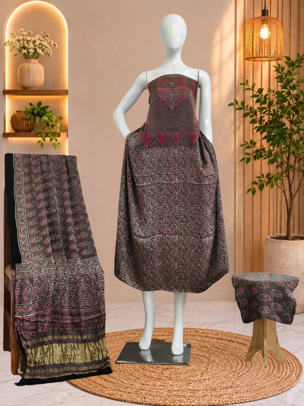 Ajrakh Hand Block Print Natural Dye Pure Modal Silk 3 Piece Suit with Zari Pallu Dupatta