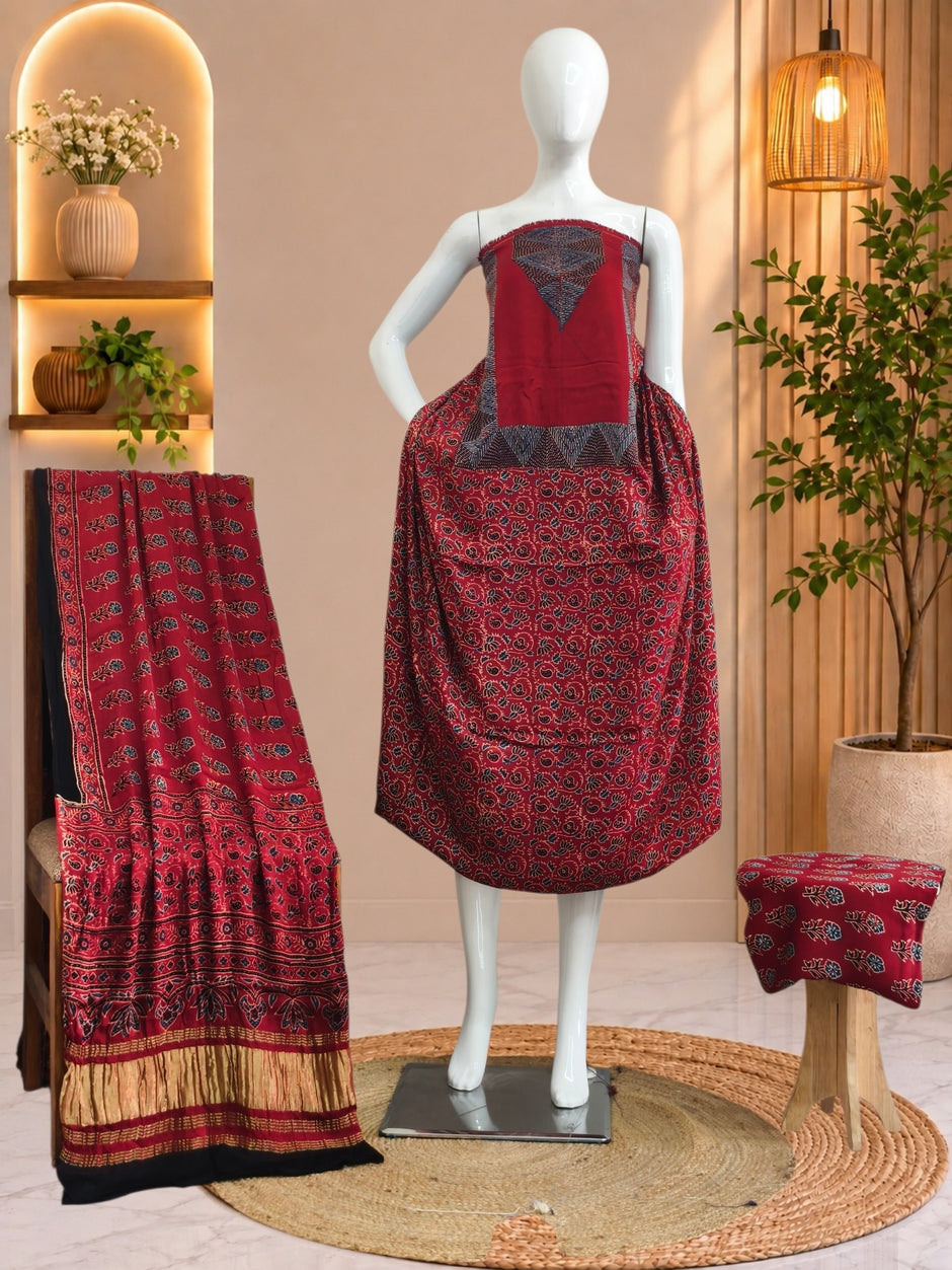 Ajrakh Hand Block Print Natural Dye Pure Modal Silk 3 Piece Suit with Zari Pallu Dupatta