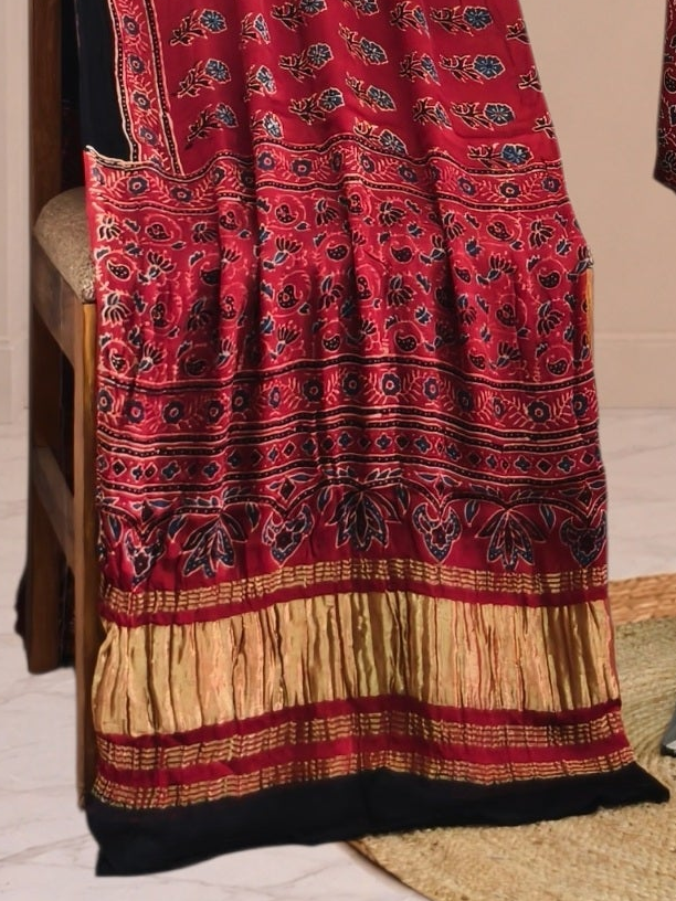 Ajrakh Hand Block Print Natural Dye Pure Modal Silk 3 Piece Suit with Zari Pallu Dupatta
