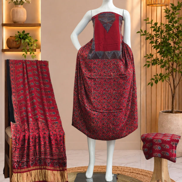 Ajrakh Hand Block Print Natural Dye Pure Modal Silk 3 Piece Suit with Zari Pallu Dupatta