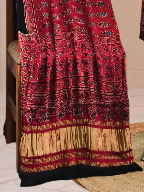 Ajrakh Hand Block Print Natural Dye Pure Modal Silk 3 Piece Suit with Zari Pallu Dupatta