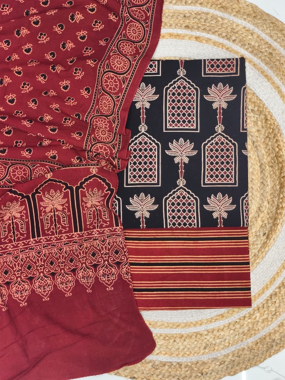 Pure Cotton Ajrakh Screen Print Natural Dye 3-Piece Suit 12 - The Ajrakh Studio