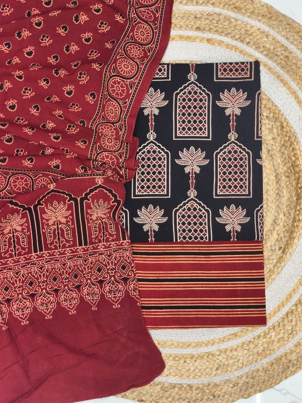 Pure Cotton Ajrakh Screen Print Natural Dye 3-Piece Suit 12 - The Ajrakh Studio