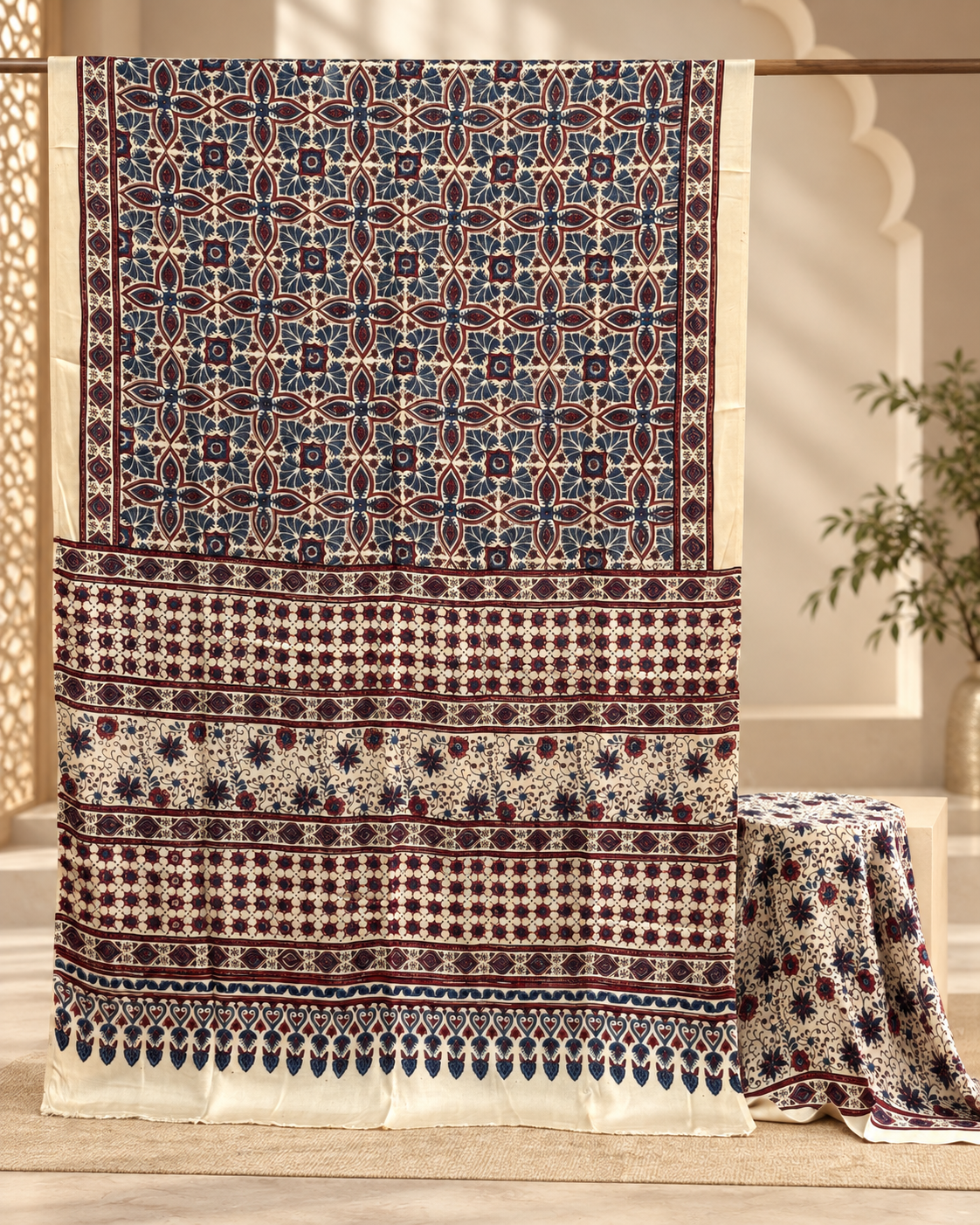Elegant Modal Silk Ajrakh Hand Block Print Natural Dye Saree - The Ajrakh Studio