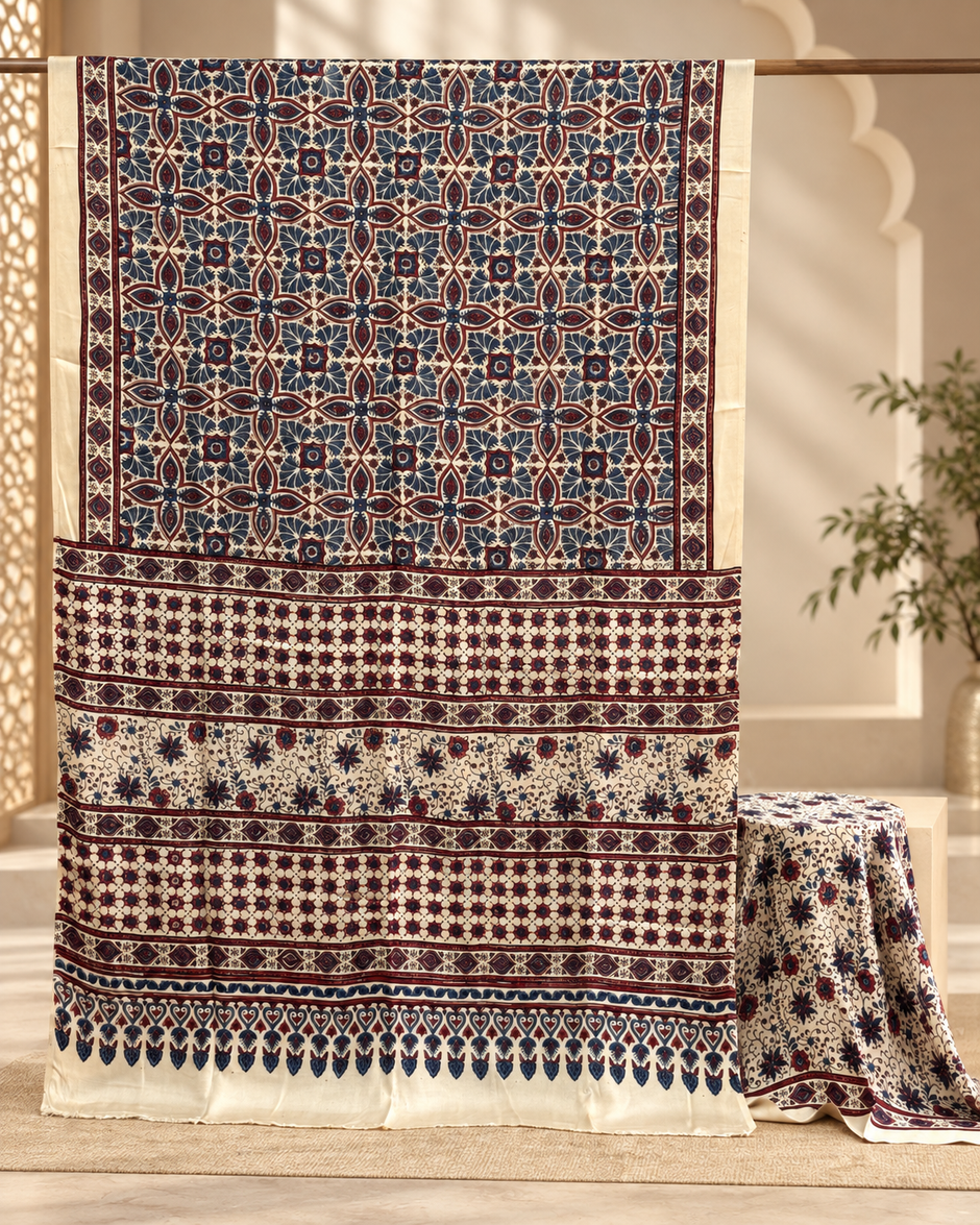 Elegant Modal Silk Ajrakh Hand Block Print Natural Dye Saree - The Ajrakh Studio
